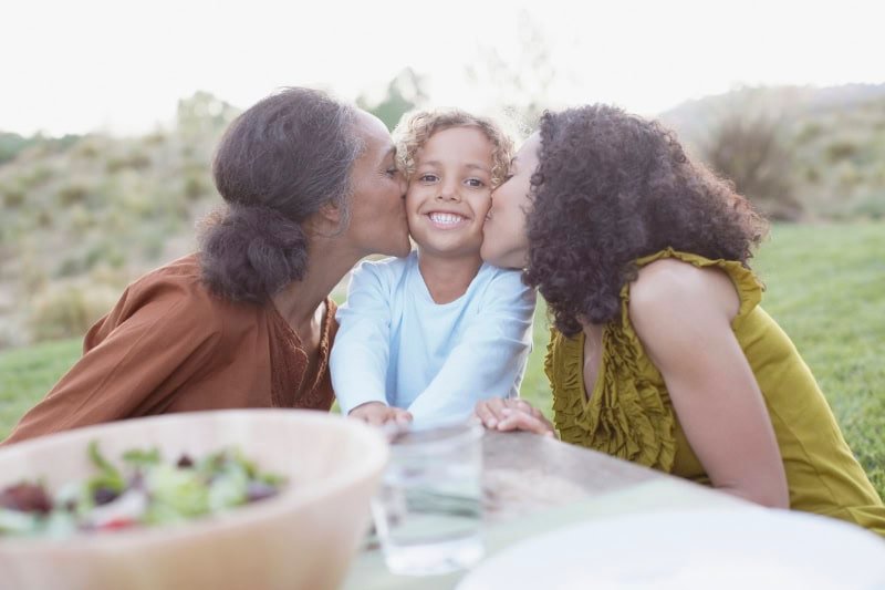 Grandmother and mother kissing son.